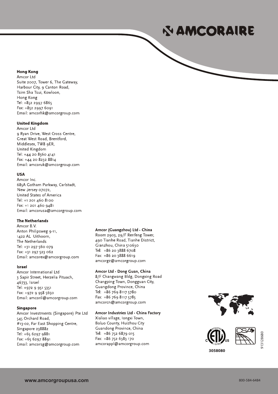United kingdom, The netherlands, Israel | Singapore, Amcor (guangzhou) ltd - china, Amcor ltd - dong cuan, china, Amcor industries ltd - china factory, Www.amcorgroupusa.com | Amcor AOM 183HX User Manual | Page 28 / 28