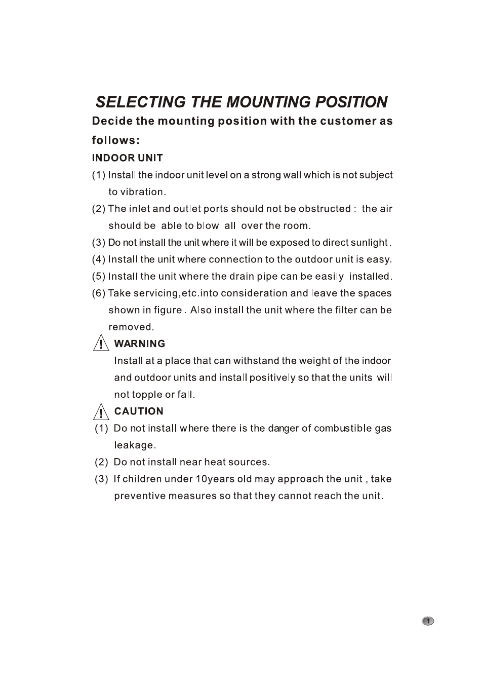 Selecting the mounting position, Indoor unit, Warning | Caution | Amcor AOM 183HX User Manual | Page 5 / 28