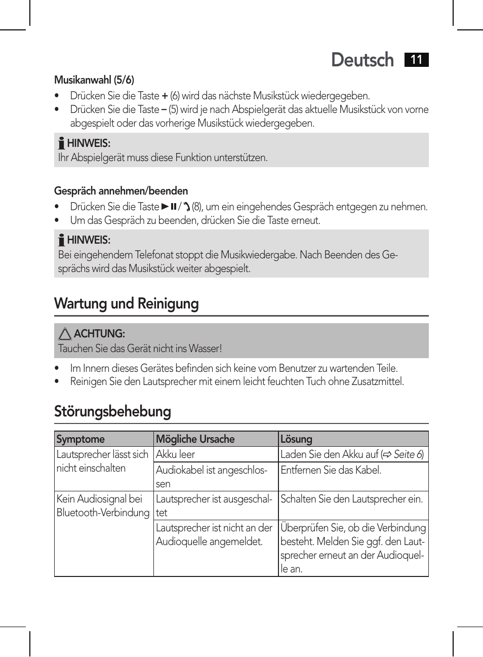 Deutsch, Wartung und reinigung, Störungsbehebung | AEG BSS 4810 User Manual | Page 11 / 62