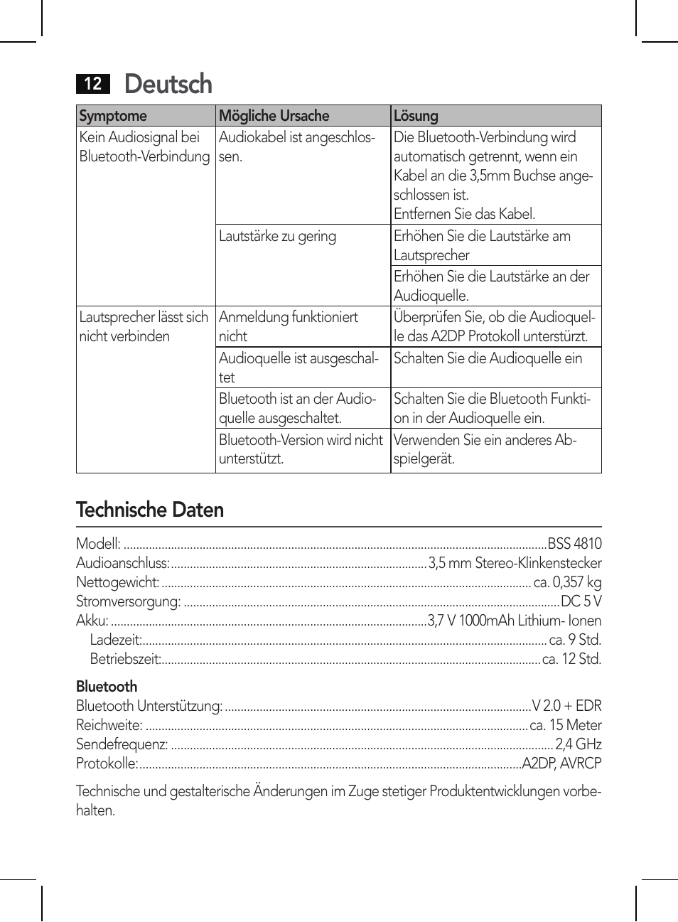 Deutsch, Technische daten | AEG BSS 4810 User Manual | Page 12 / 62