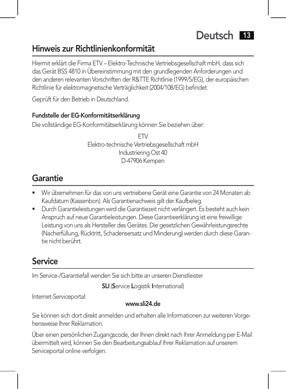 Deutsch, Hinweis zur richtlinienkonformität, Garantie | Service | AEG BSS 4810 User Manual | Page 13 / 62