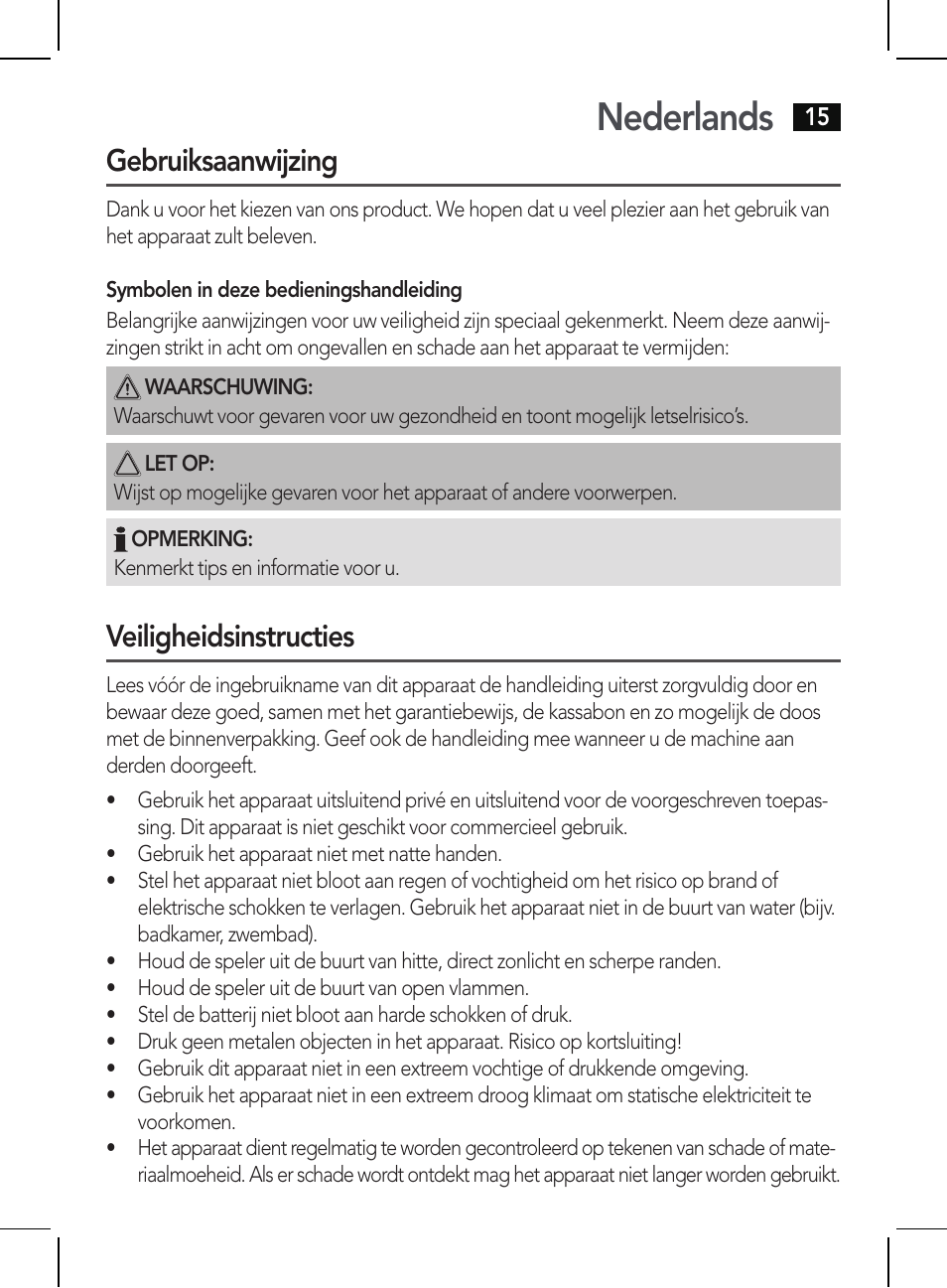 Nederlands, Gebruiksaanwijzing, Veiligheidsinstructies | AEG BSS 4810 User Manual | Page 15 / 62