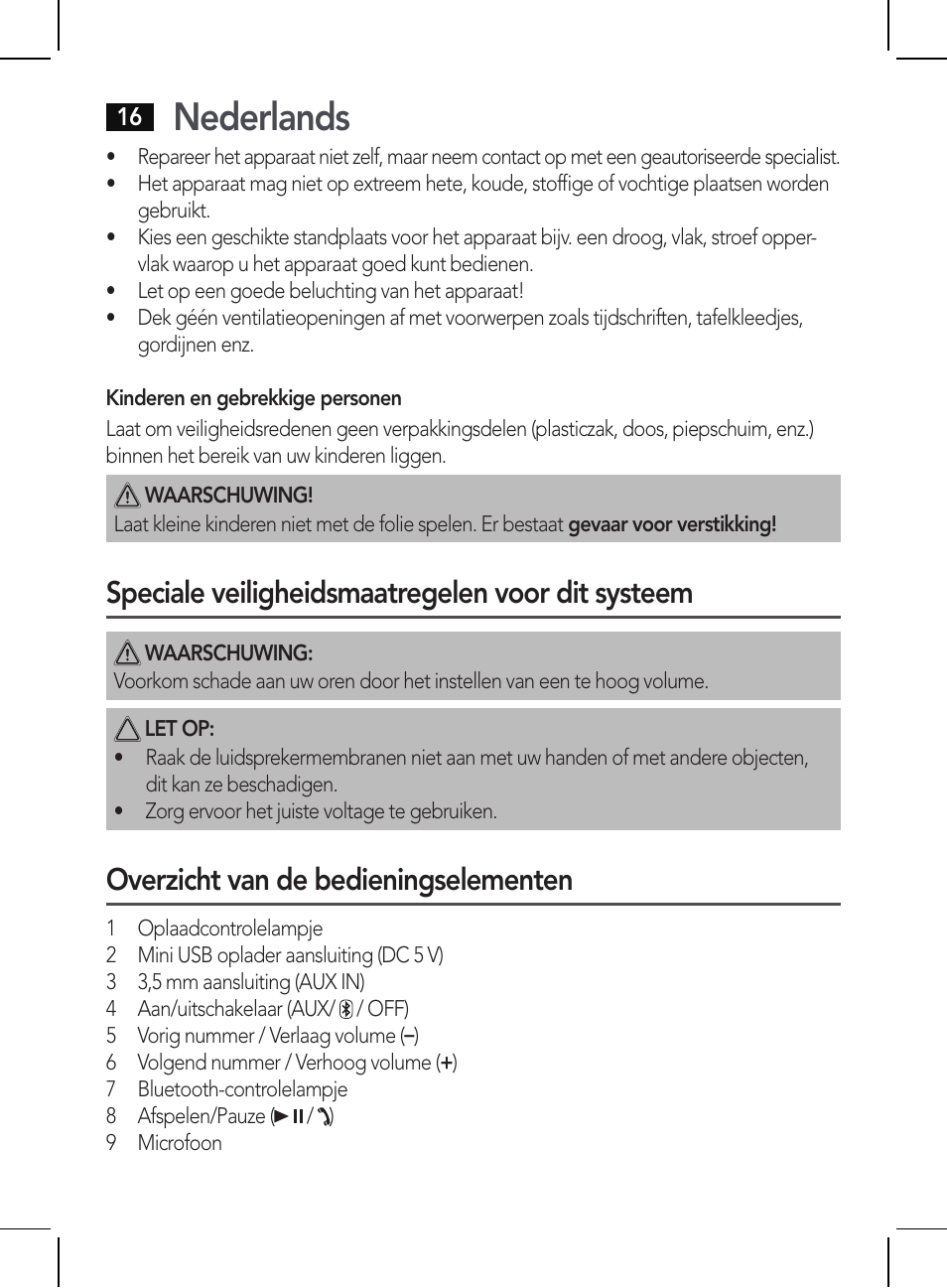 Nederlands, Speciale veiligheidsmaatregelen voor dit systeem, Overzicht van de bedieningselementen | AEG BSS 4810 User Manual | Page 16 / 62