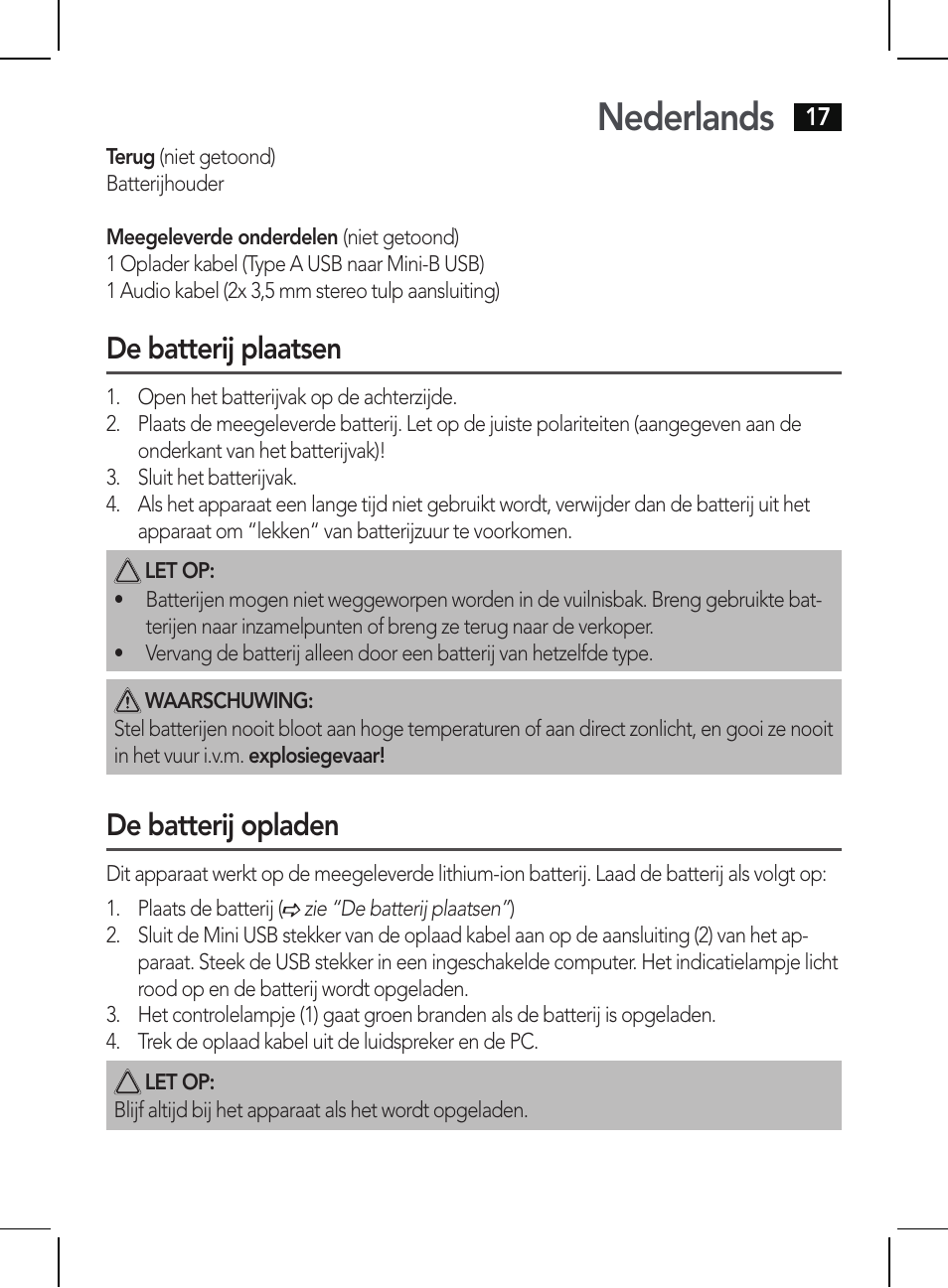 Nederlands, De batterij plaatsen, De batterij opladen | AEG BSS 4810 User Manual | Page 17 / 62