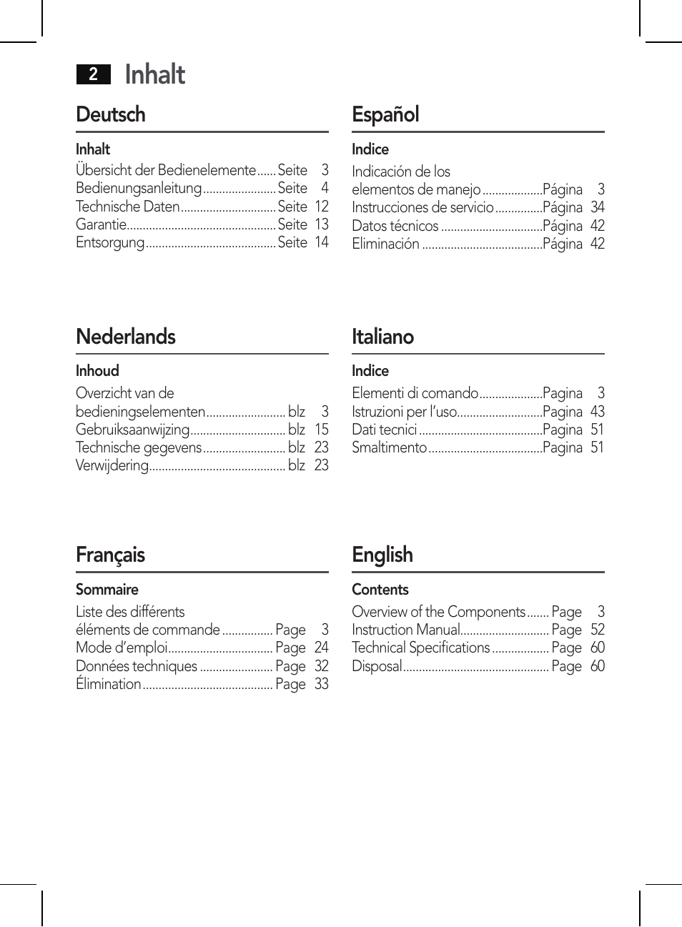 Inhalt, Deutsch, Nederlands | Français, Español, Italiano, English | AEG BSS 4810 User Manual | Page 2 / 62