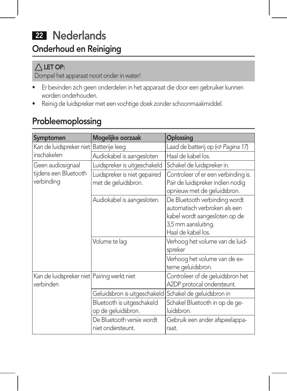 Nederlands, Onderhoud en reiniging, Probleemoplossing | AEG BSS 4810 User Manual | Page 22 / 62