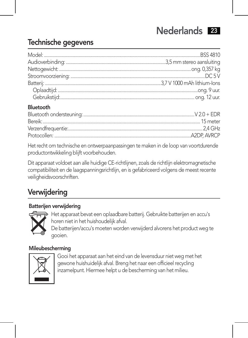 Nederlands, Technische gegevens, Verwijdering | AEG BSS 4810 User Manual | Page 23 / 62