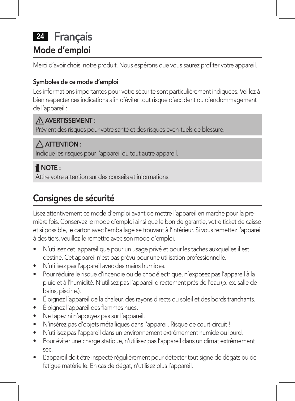 Français, Mode d’emploi, Consignes de sécurité | AEG BSS 4810 User Manual | Page 24 / 62
