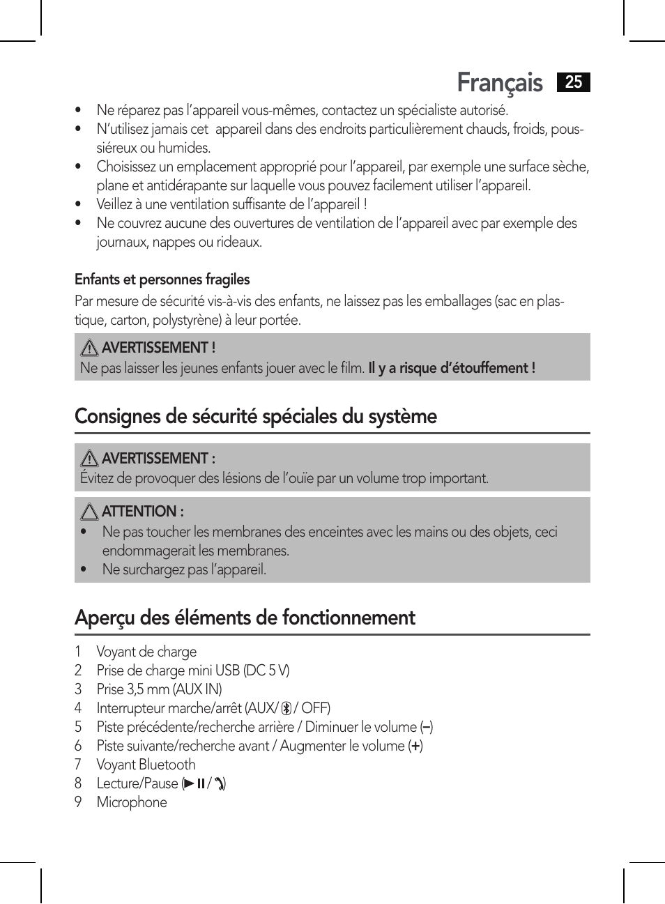 Français, Consignes de sécurité spéciales du système, Aperçu des éléments de fonctionnement | AEG BSS 4810 User Manual | Page 25 / 62