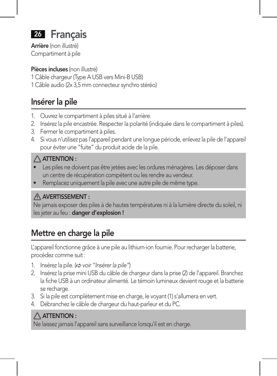 Français, Insérer la pile, Mettre en charge la pile | AEG BSS 4810 User Manual | Page 26 / 62