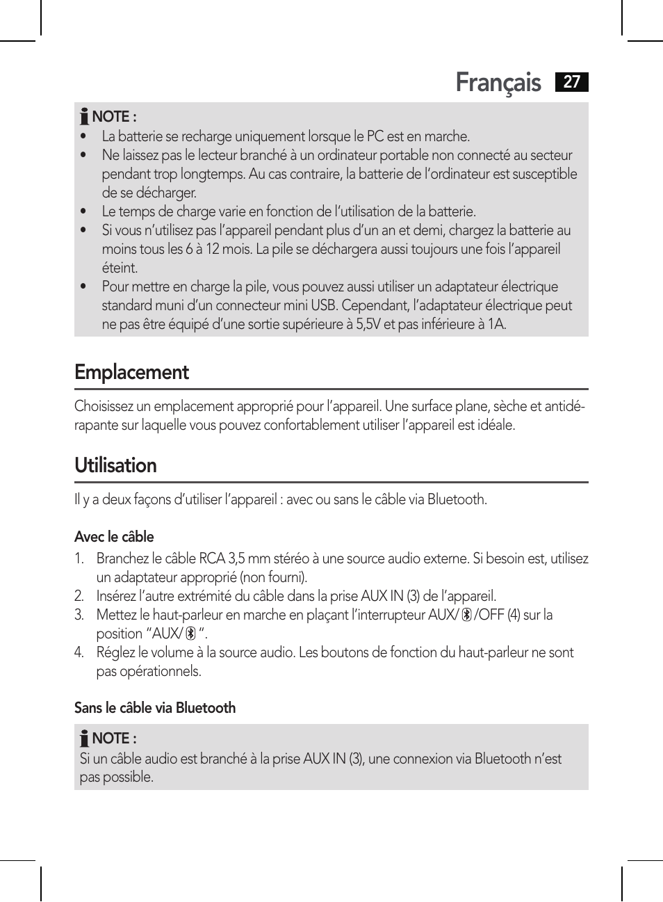 Français, Emplacement, Utilisation | AEG BSS 4810 User Manual | Page 27 / 62