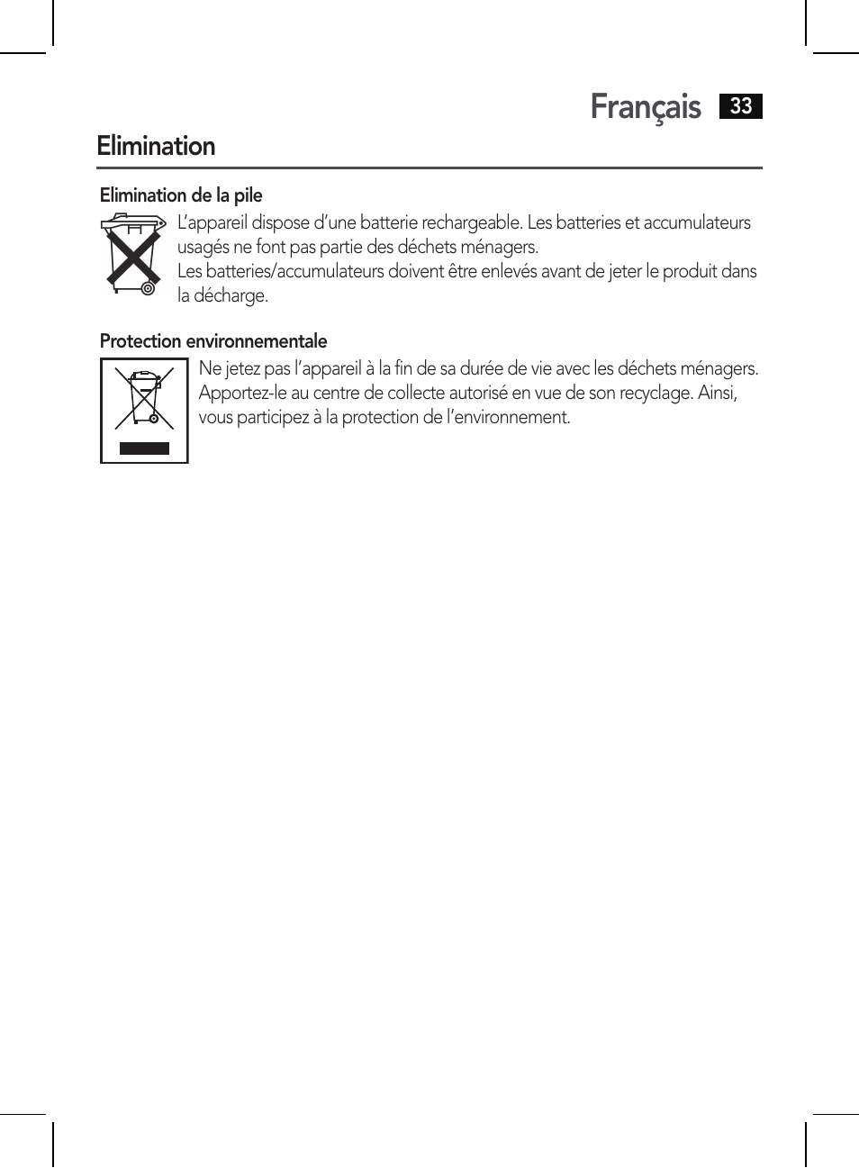 Français, Elimination | AEG BSS 4810 User Manual | Page 33 / 62