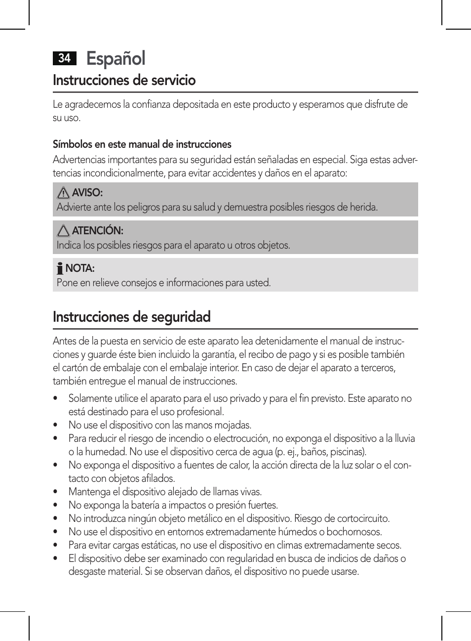 Español, Instrucciones de servicio, Instrucciones de seguridad | AEG BSS 4810 User Manual | Page 34 / 62