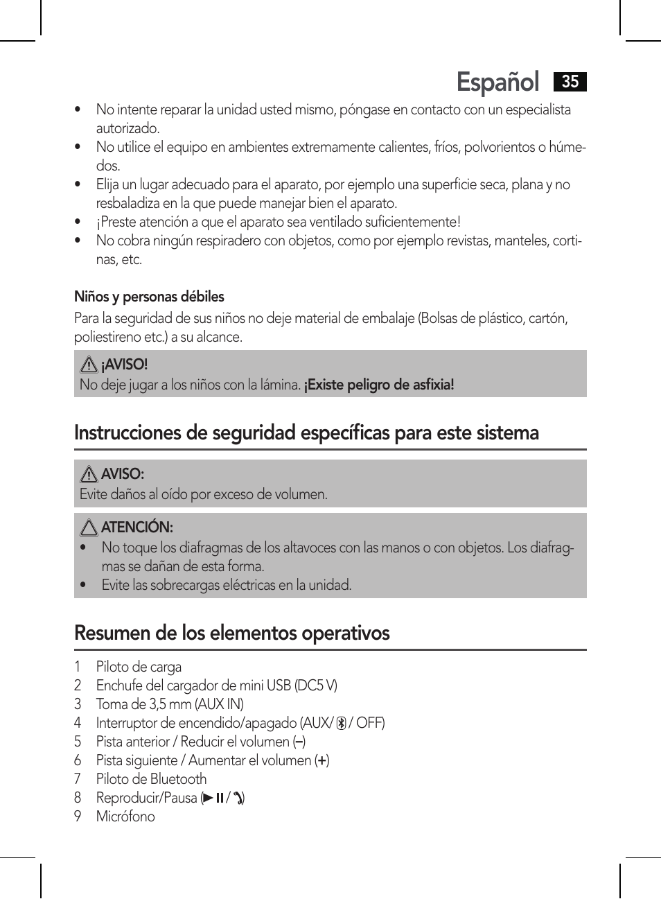 Español, Resumen de los elementos operativos | AEG BSS 4810 User Manual | Page 35 / 62
