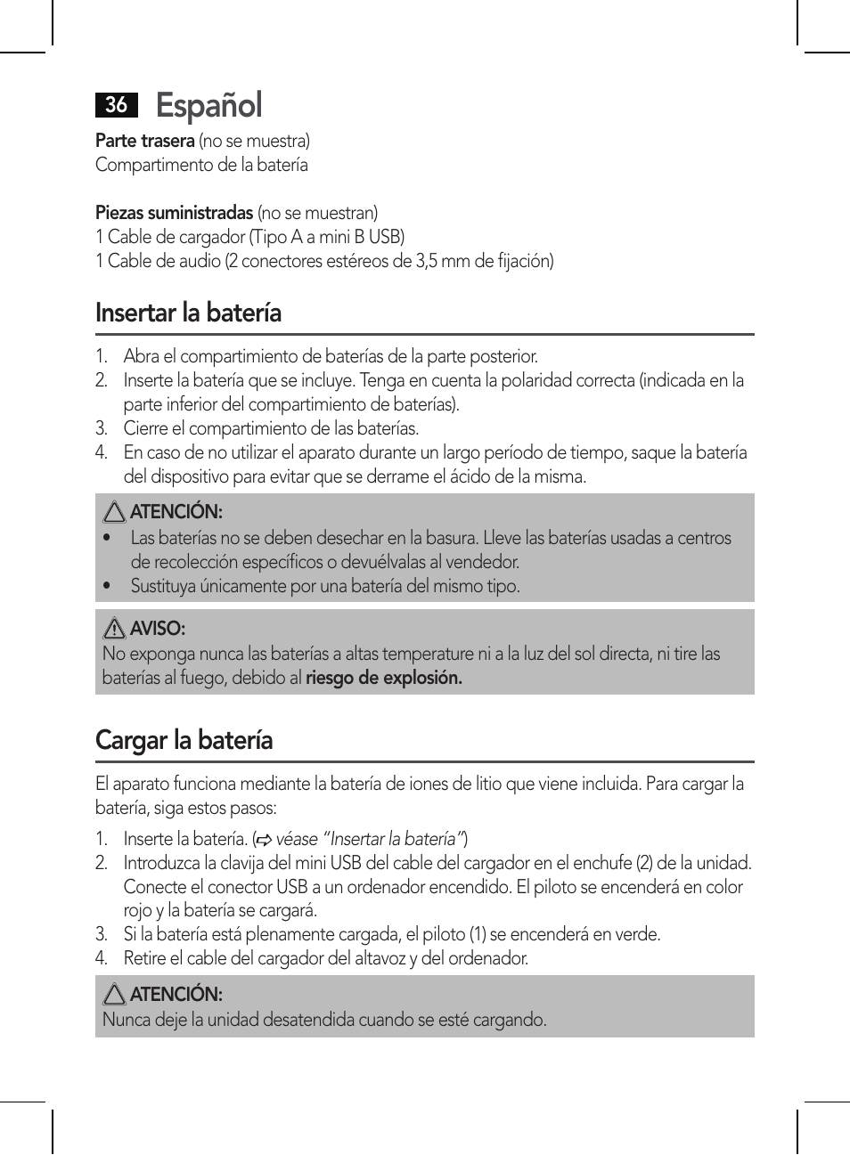 Español, Insertar la batería, Cargar la batería | AEG BSS 4810 User Manual | Page 36 / 62