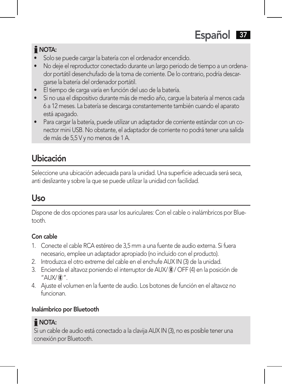 Español, Ubicación | AEG BSS 4810 User Manual | Page 37 / 62