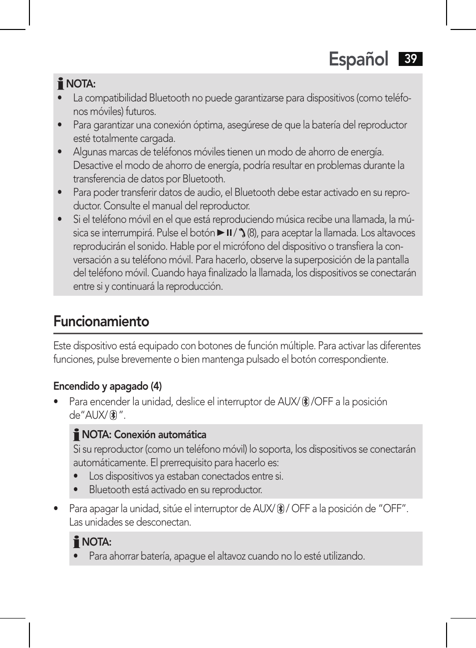 Español, Funcionamiento | AEG BSS 4810 User Manual | Page 39 / 62