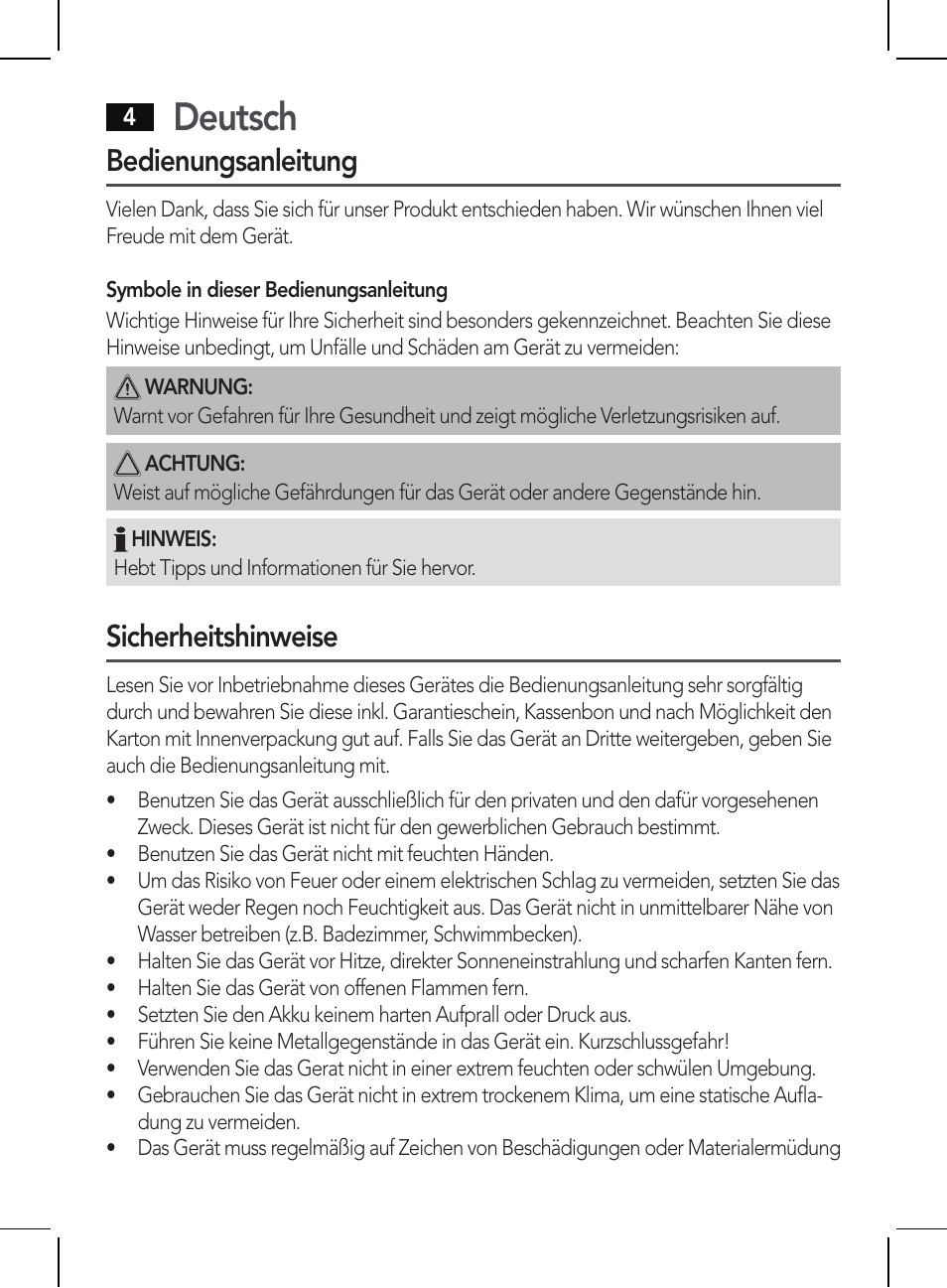 Deutsch, Bedienungsanleitung, Sicherheitshinweise | AEG BSS 4810 User Manual | Page 4 / 62