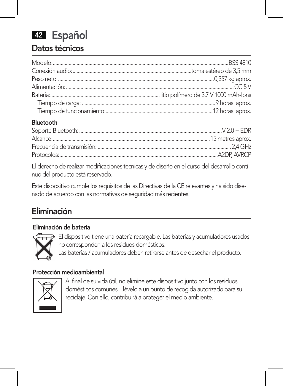 Español, Datos técnicos, Eliminación | AEG BSS 4810 User Manual | Page 42 / 62