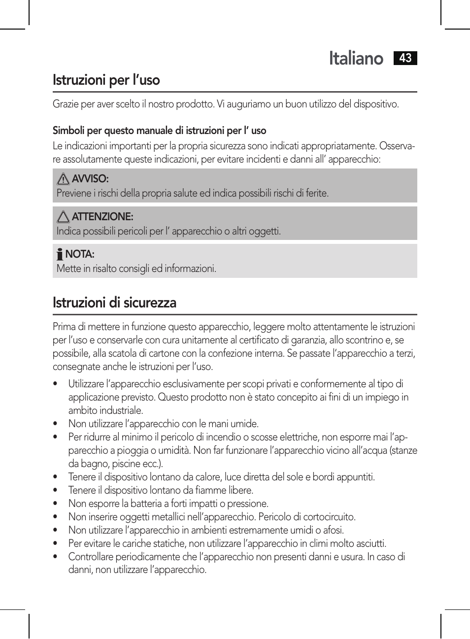 Italiano, Istruzioni per l’uso, Istruzioni di sicurezza | AEG BSS 4810 User Manual | Page 43 / 62