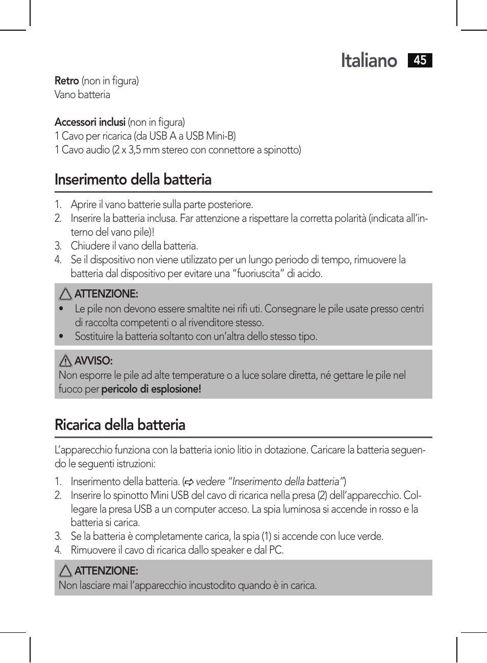 Italiano, Inserimento della batteria, Ricarica della batteria | AEG BSS 4810 User Manual | Page 45 / 62