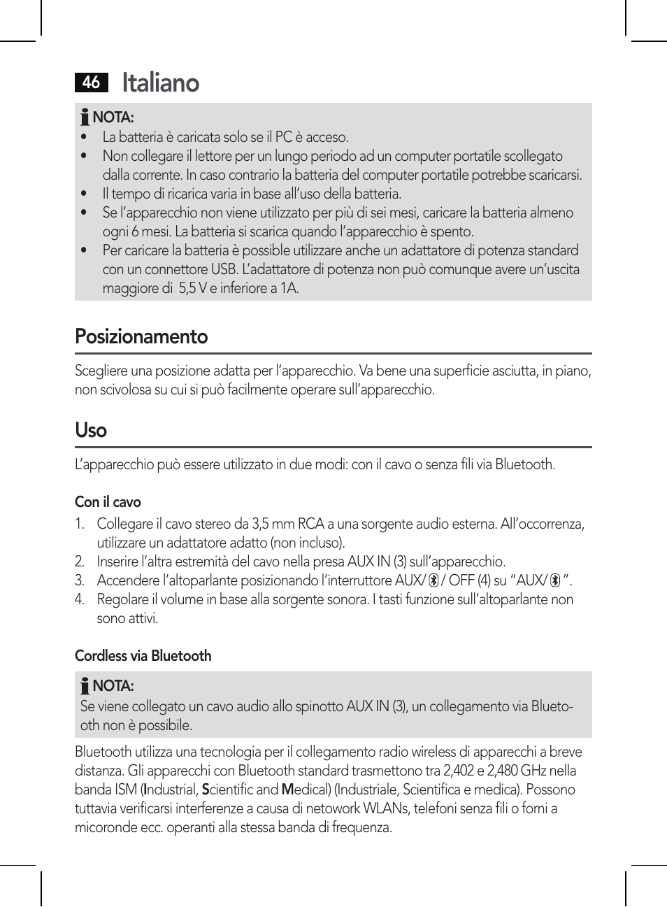 Italiano, Posizionamento | AEG BSS 4810 User Manual | Page 46 / 62
