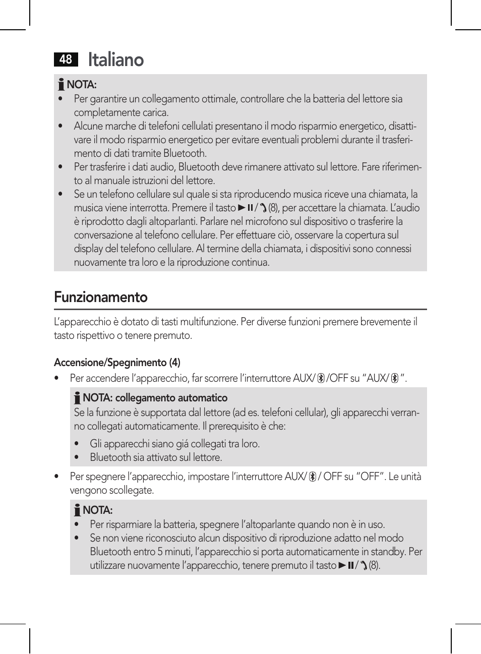 Italiano, Funzionamento | AEG BSS 4810 User Manual | Page 48 / 62