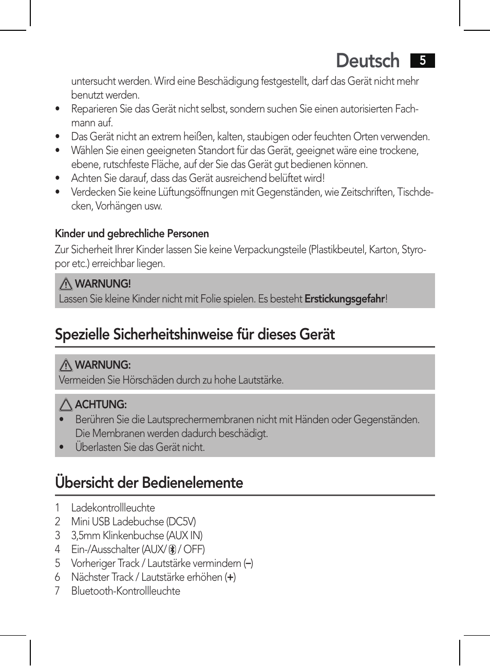 Deutsch, Spezielle sicherheitshinweise für dieses gerät, Übersicht der bedienelemente | AEG BSS 4810 User Manual | Page 5 / 62