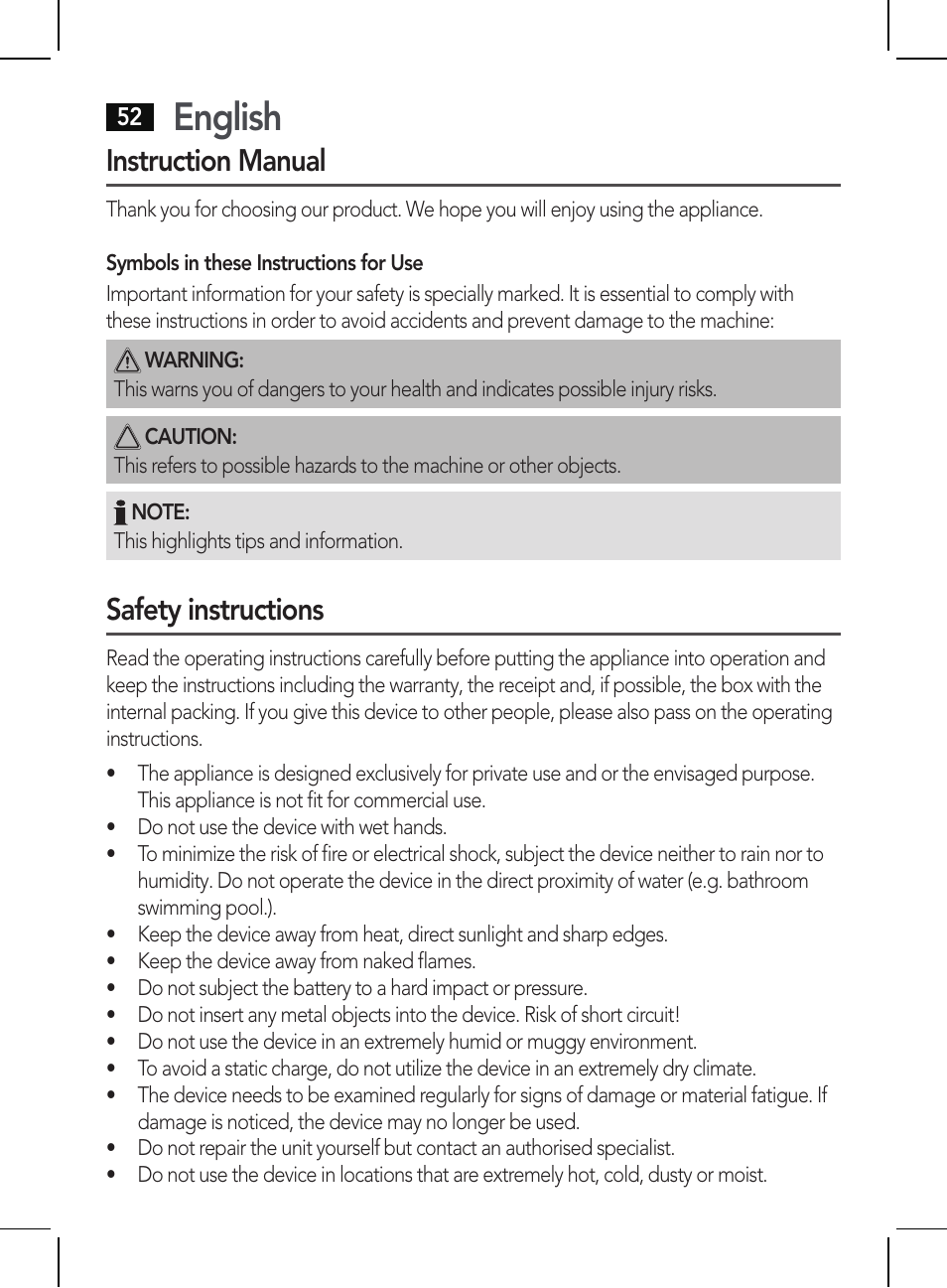 English, Instruction manual, Safety instructions | AEG BSS 4810 User Manual | Page 52 / 62