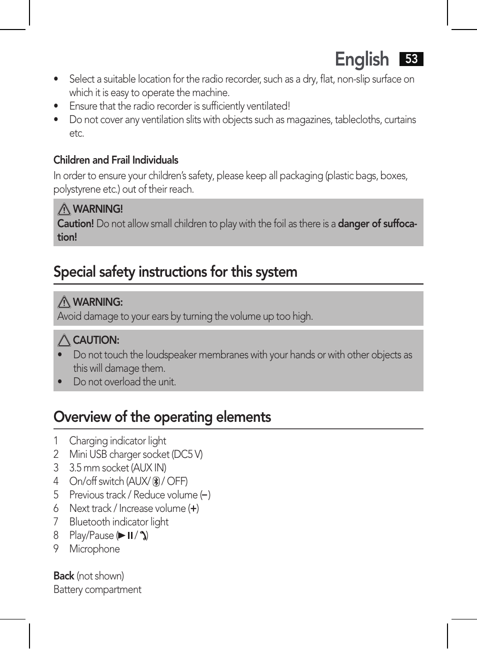 English, Special safety instructions for this system, Overview of the operating elements | AEG BSS 4810 User Manual | Page 53 / 62