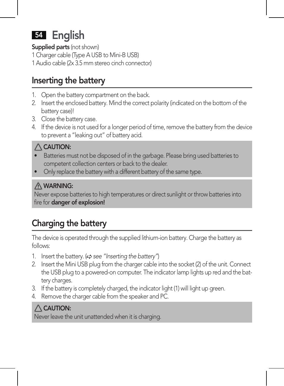 English, Inserting the battery, Charging the battery | AEG BSS 4810 User Manual | Page 54 / 62