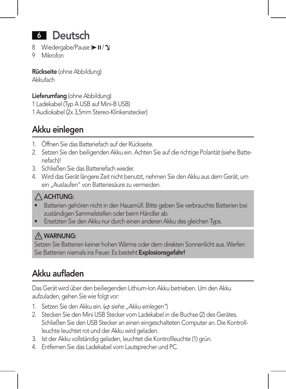 Deutsch, Akku einlegen, Akku aufladen | AEG BSS 4810 User Manual | Page 6 / 62