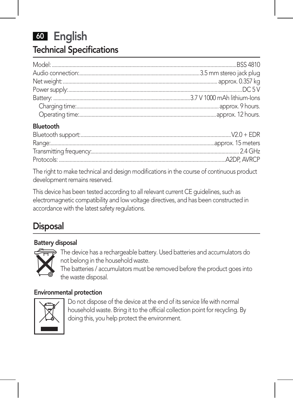 English, Technical specifications, Disposal | AEG BSS 4810 User Manual | Page 60 / 62