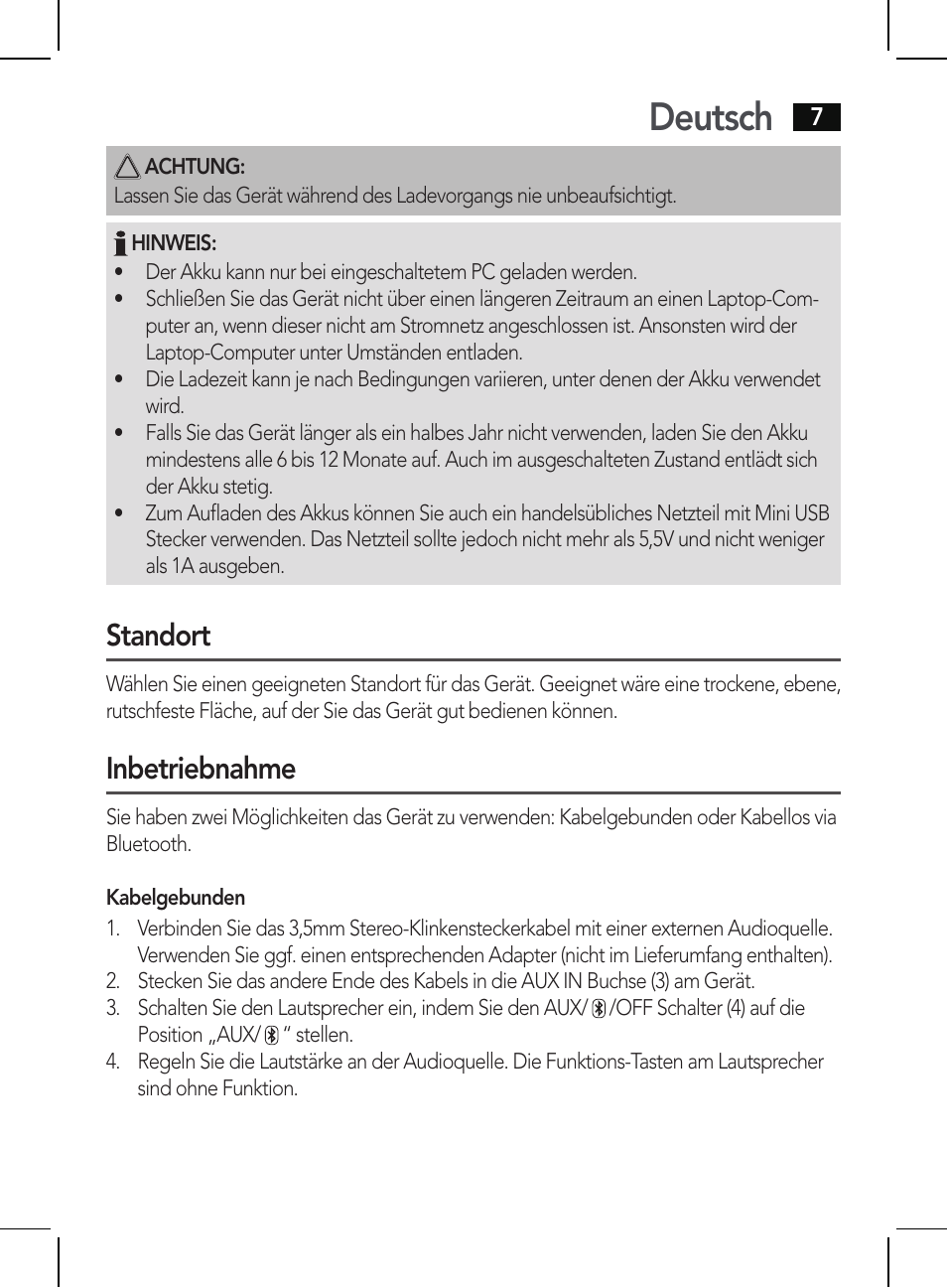 Deutsch, Standort, Inbetriebnahme | AEG BSS 4810 User Manual | Page 7 / 62