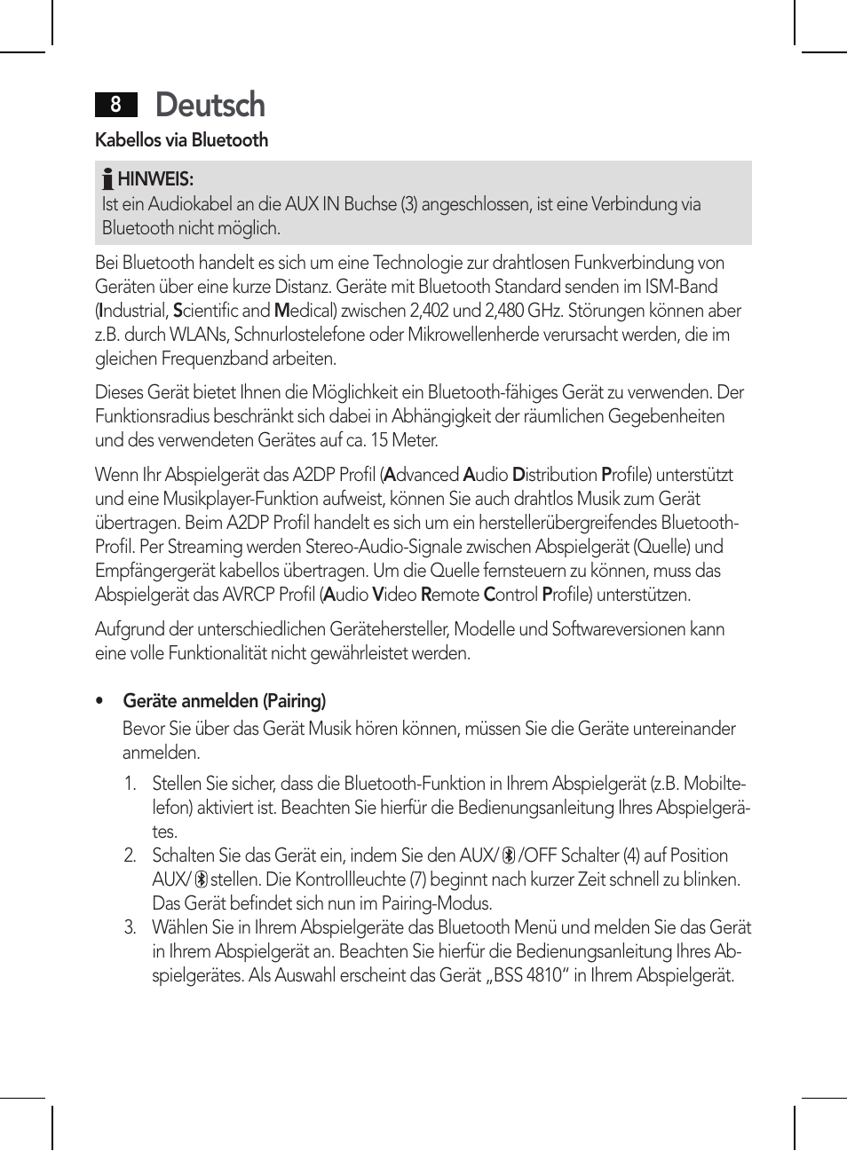 Deutsch | AEG BSS 4810 User Manual | Page 8 / 62