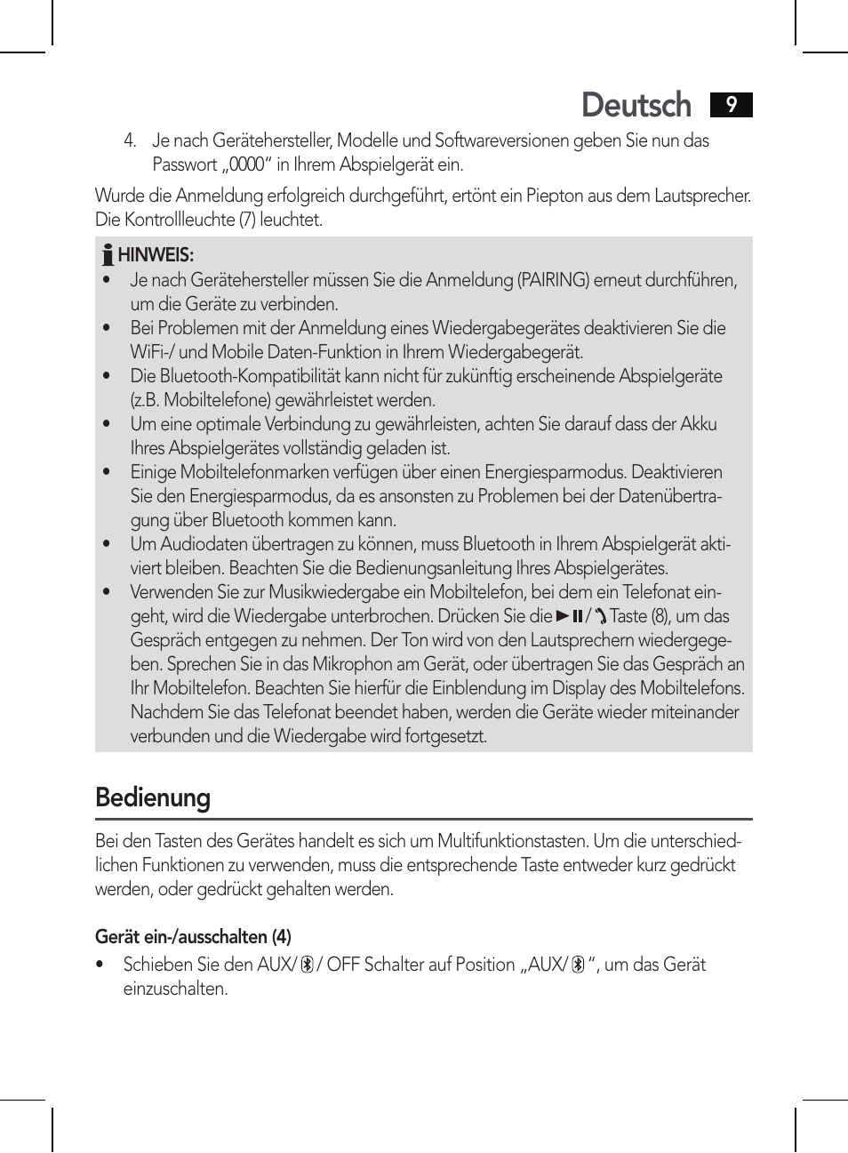 Deutsch, Bedienung | AEG BSS 4810 User Manual | Page 9 / 62