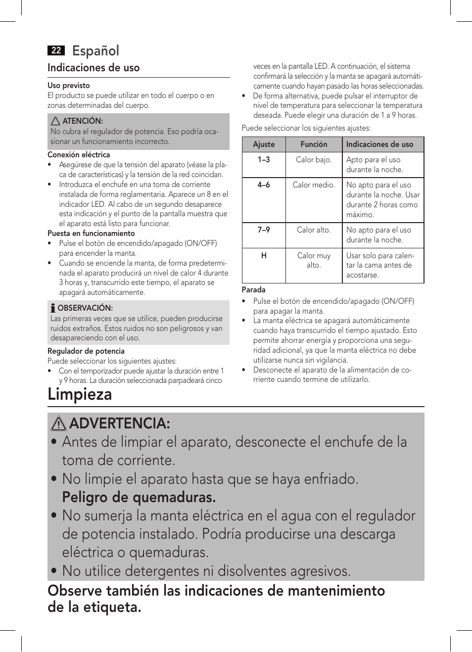 Limpieza, Español | AEG WZD 5648 User Manual | Page 22 / 60