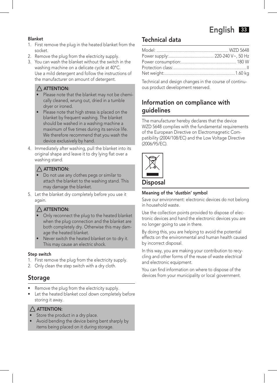 English, Storage, Technical data | Information on compliance with guidelines, Disposal | AEG WZD 5648 User Manual | Page 33 / 60