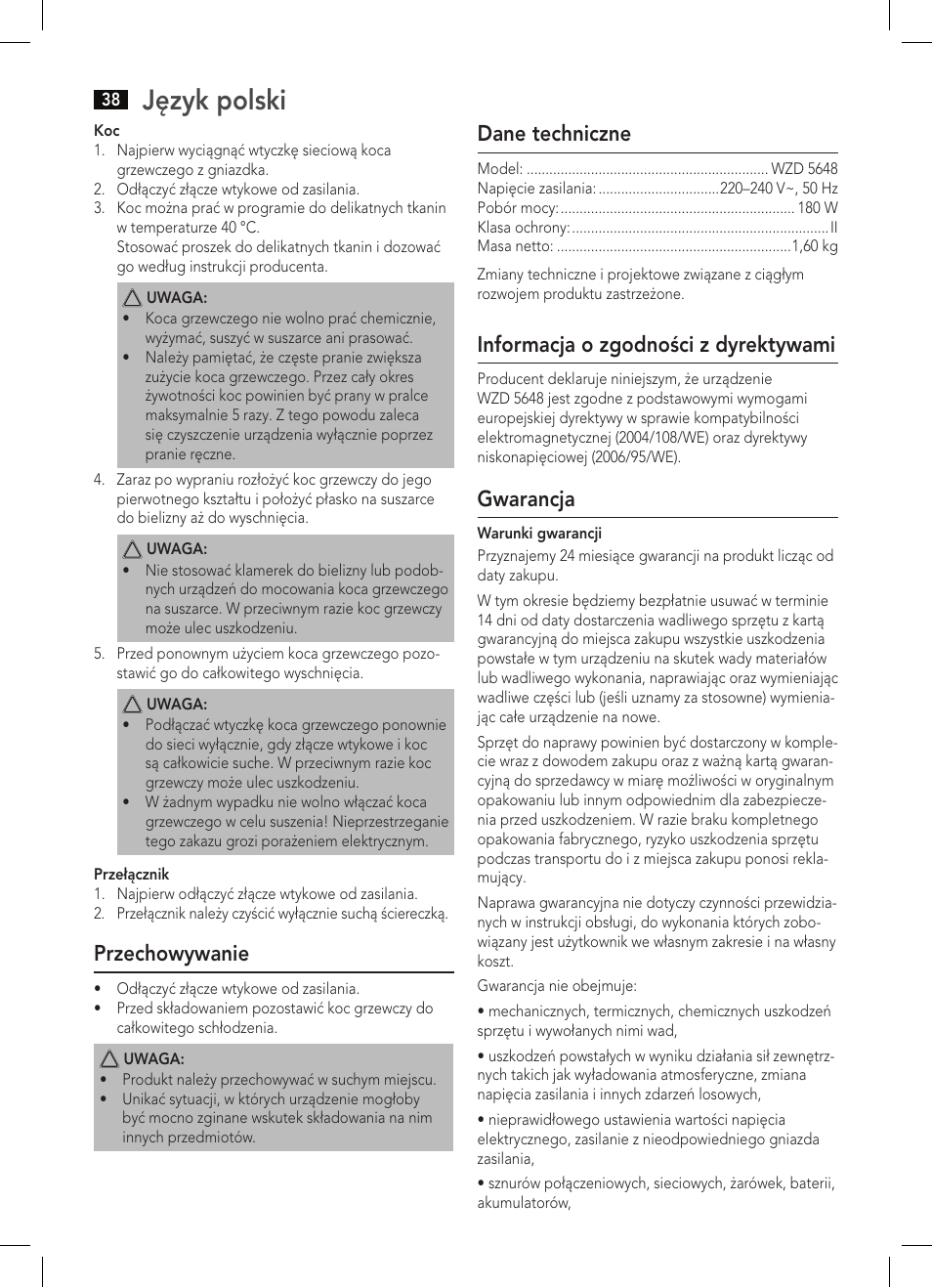 Język polski, Przechowywanie, Dane techniczne | Informacja o zgodności z dyrektywami, Gwarancja | AEG WZD 5648 User Manual | Page 38 / 60