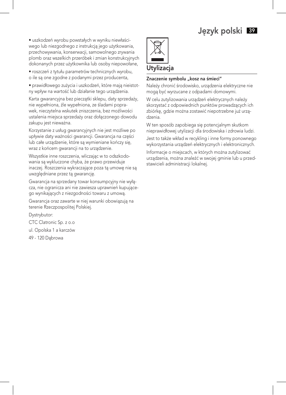 Język polski | AEG WZD 5648 User Manual | Page 39 / 60
