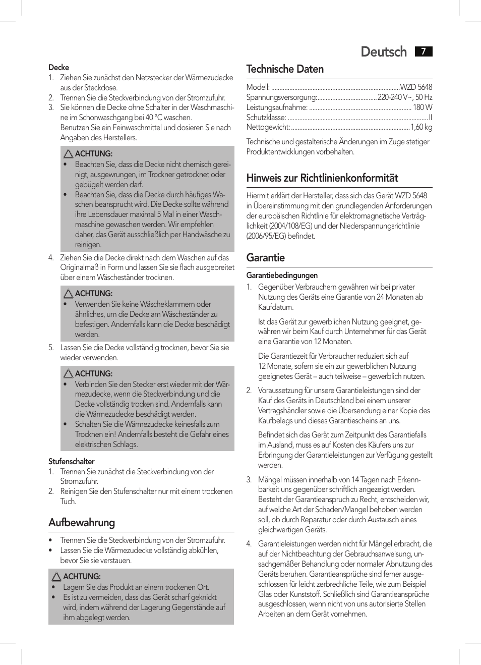 Deutsch, Aufbewahrung, Technische daten | Hinweis zur richtlinienkonformität, Garantie | AEG WZD 5648 User Manual | Page 7 / 60