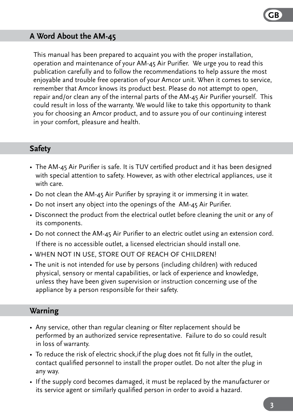 Safety, Warning | Amcor AM-45 User Manual | Page 3 / 24