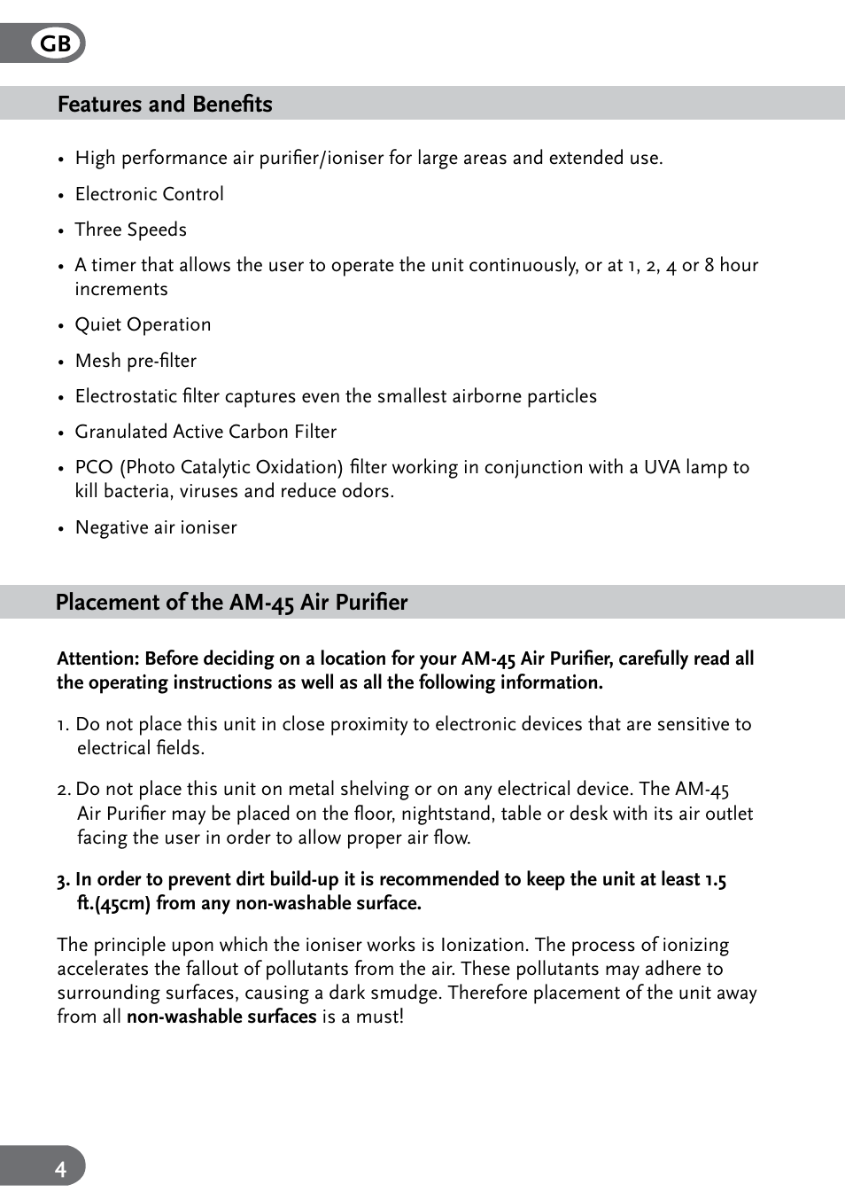 Features and benefits, Placement of the am-45 air purifier, How the air purifier works | Amcor AM-45 User Manual | Page 4 / 24