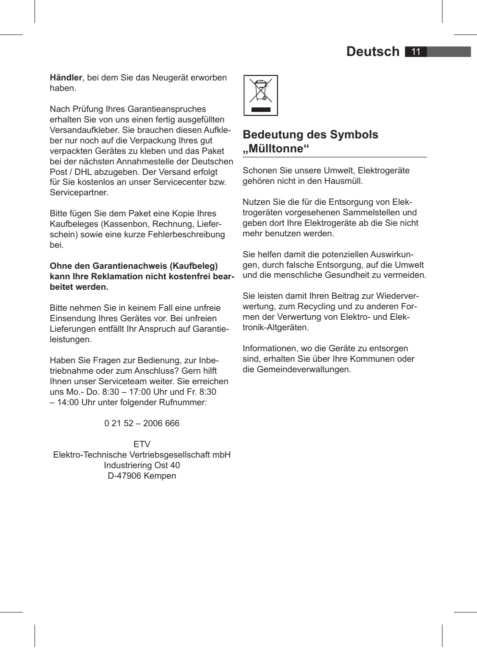 Deutsch, Bedeutung des symbols „mülltonne | AEG SRC 4321 User Manual | Page 11 / 86