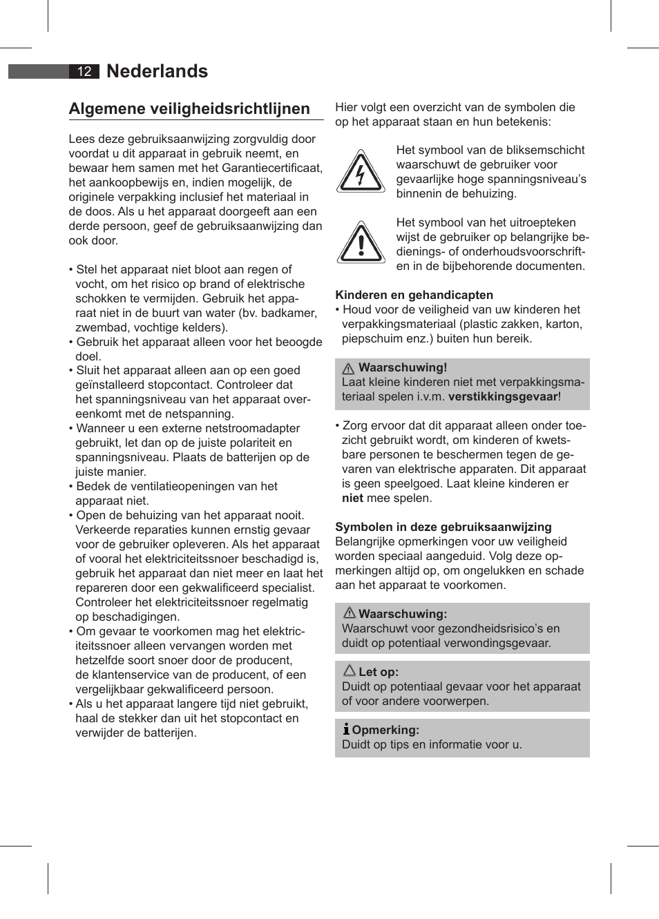 Nederlands, Algemene veiligheidsrichtlijnen | AEG SRC 4321 User Manual | Page 12 / 86