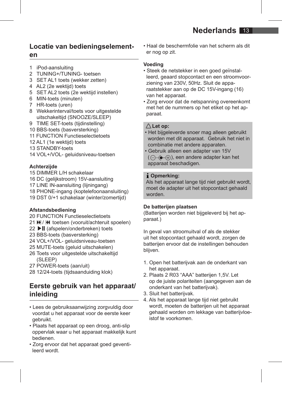 Nederlands, Locatie van bedieningselement- en, Eerste gebruik van het apparaat/ inleiding | AEG SRC 4321 User Manual | Page 13 / 86