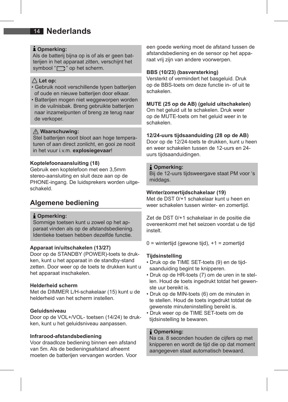 Nederlands, Algemene bediening | AEG SRC 4321 User Manual | Page 14 / 86