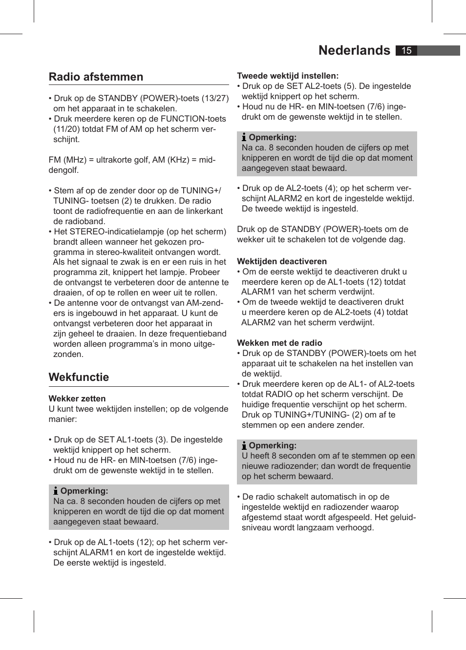 Nederlands, Radio afstemmen, Wekfunctie | AEG SRC 4321 User Manual | Page 15 / 86