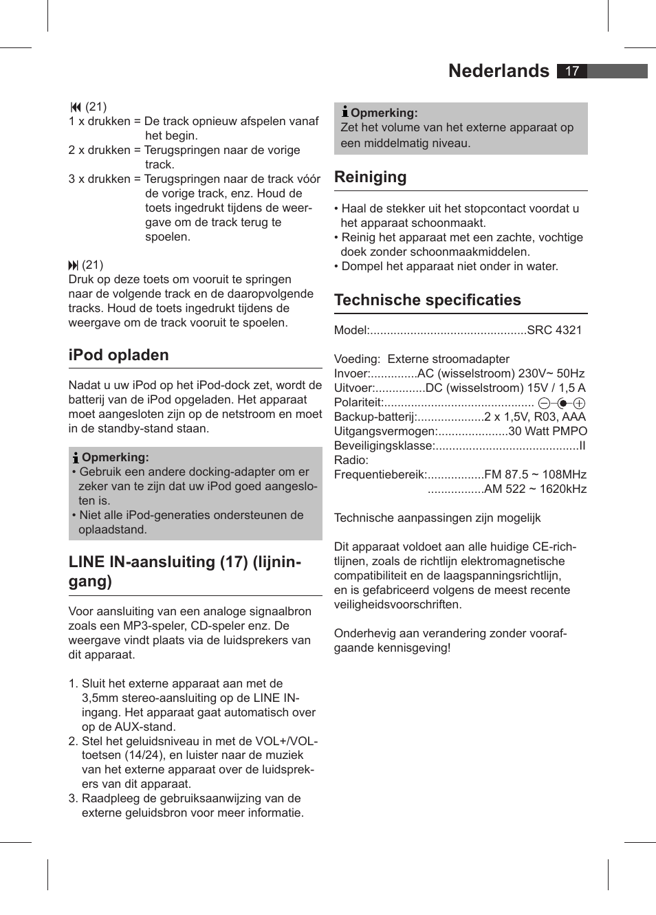 Nederlands, Ipod opladen, Line in-aansluiting (17) (lijnin- gang) | Reiniging, Technische specifi caties | AEG SRC 4321 User Manual | Page 17 / 86