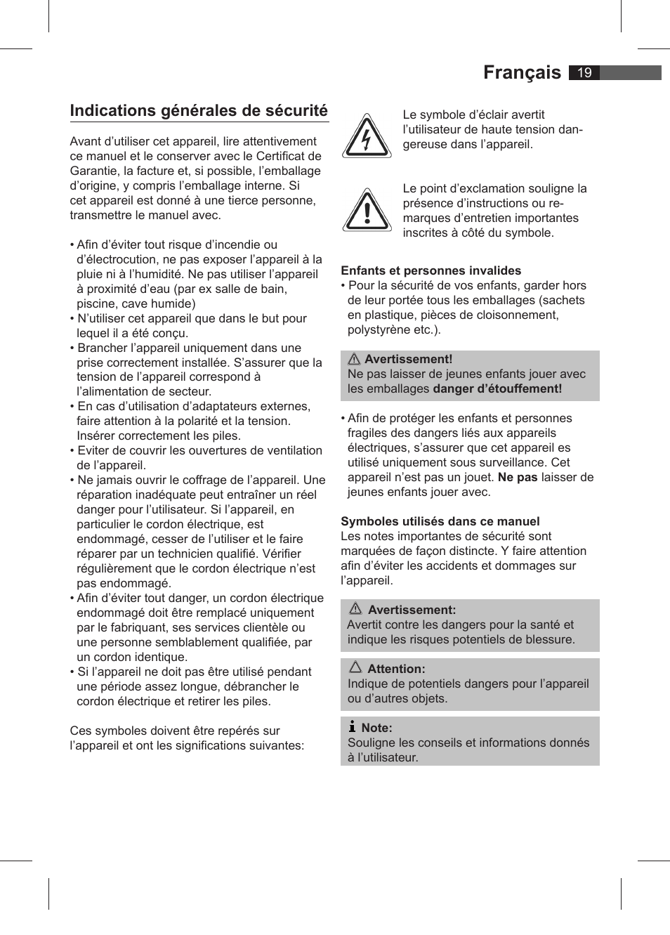 Français, Indications générales de sécurité | AEG SRC 4321 User Manual | Page 19 / 86